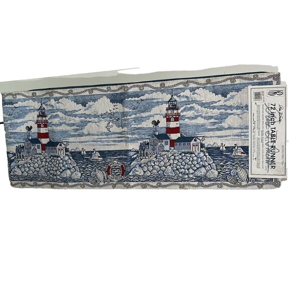 New Park B Smith Tapestry Table Runner Nautical Portland Lighthouse Ocean Beach - Picture 1 of 8